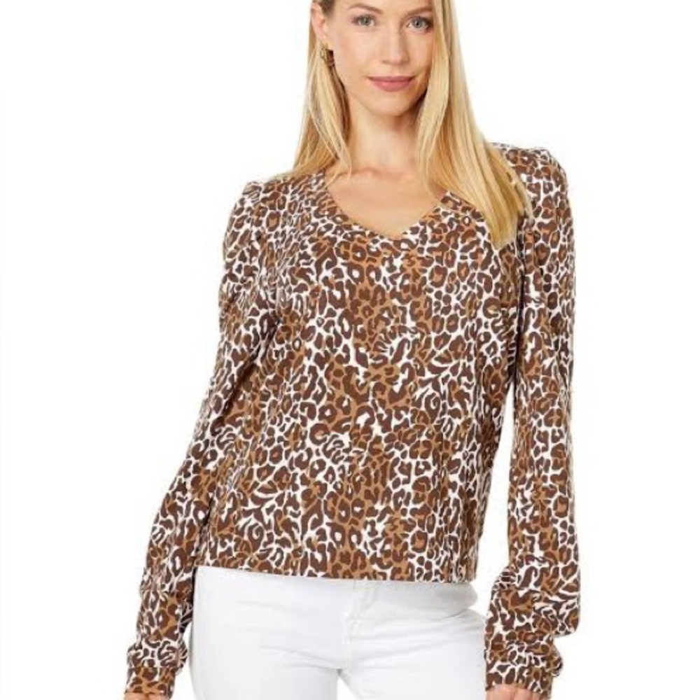 Lilly Pulitzer Brown and White Leopard Long Sleeve Top